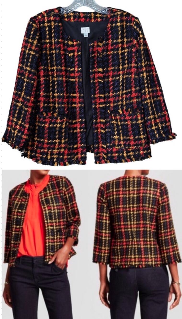 Tweed Bouclé Lady Jacket Fall Winter Blazer Plaid Black Orange-Red Yellow Size S